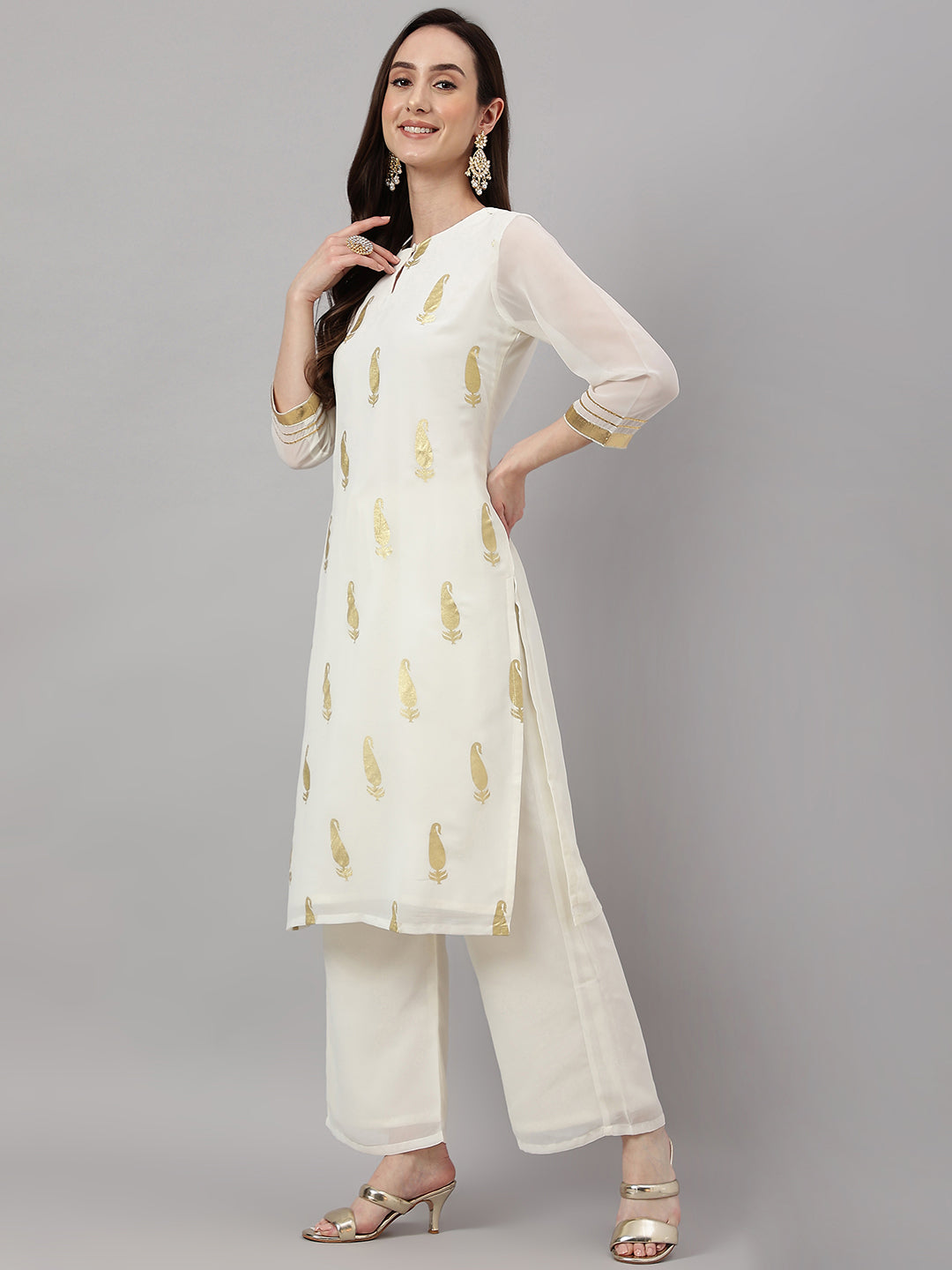 Janasya Women's Off White Georgette Foil Printed Straight Festive Kurta Set - Distacart
