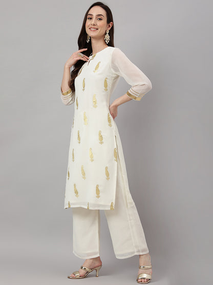 Janasya Women's Off White Georgette Foil Printed Straight Festive Kurta Set - Distacart