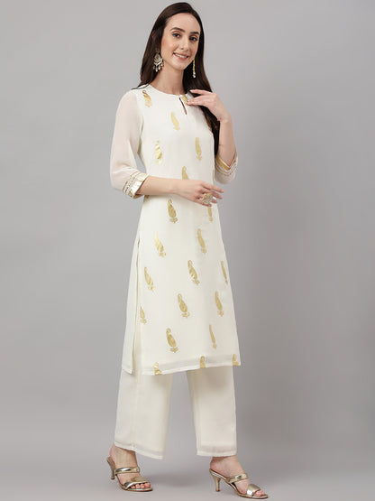 Janasya Women's Off White Georgette Foil Printed Straight Festive Kurta Set - Distacart