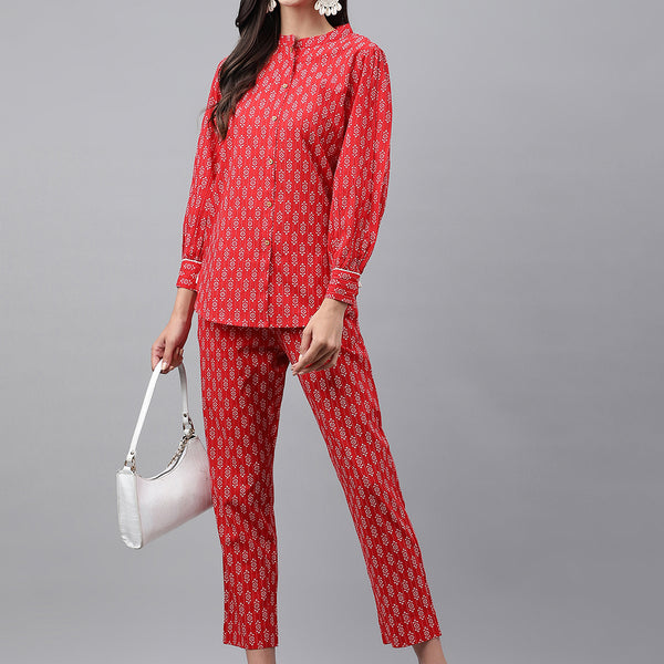 Janasya Women's Red Cotton Ethnic Motifs Regular Casual Top Set - Distacart