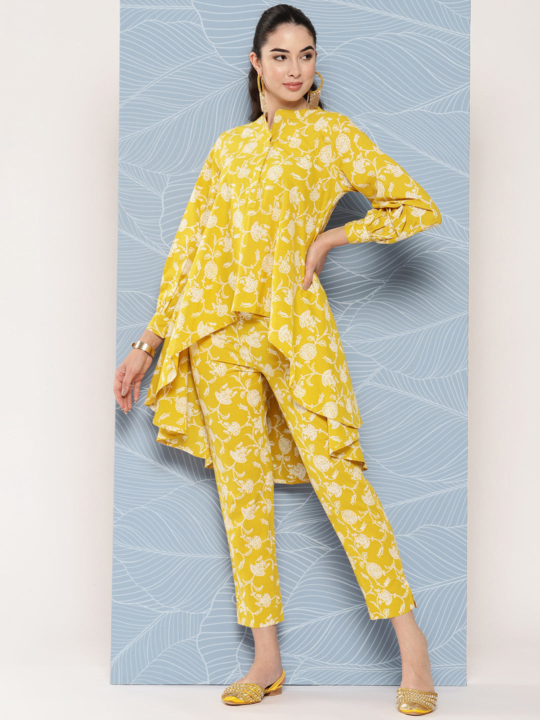 Janasya Women's Mustard Cotton Floral Printed High Low Casual Tunic Set - Distacart