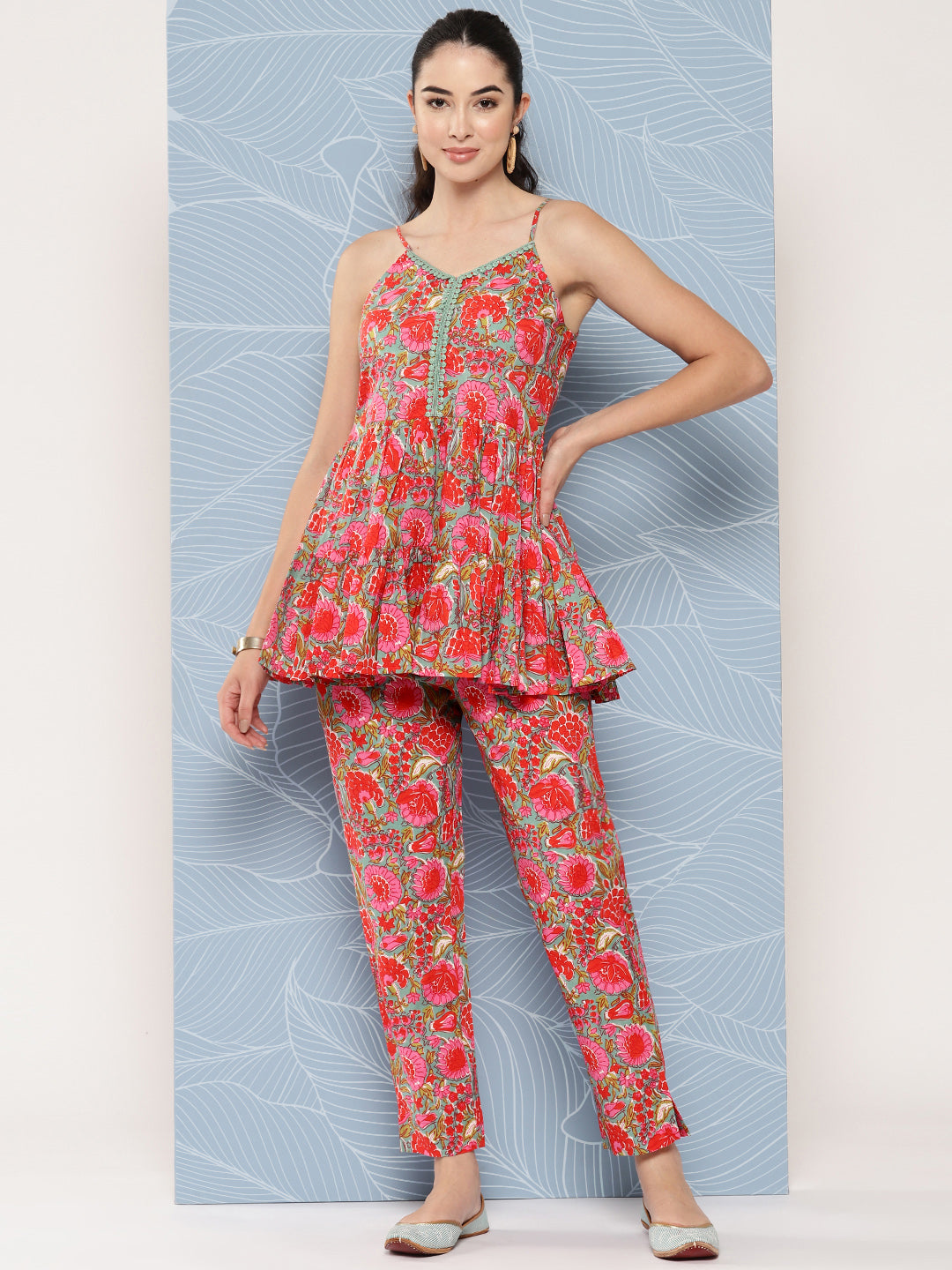 Janasya Women's Multicolor Cotton Floral Printed Peplum Casual Top Set - Distacart