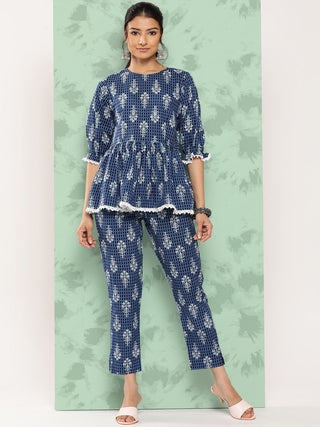 Janasya Women's Blue Cotton Floral Printed Peplum Casual Top Set - Distacart