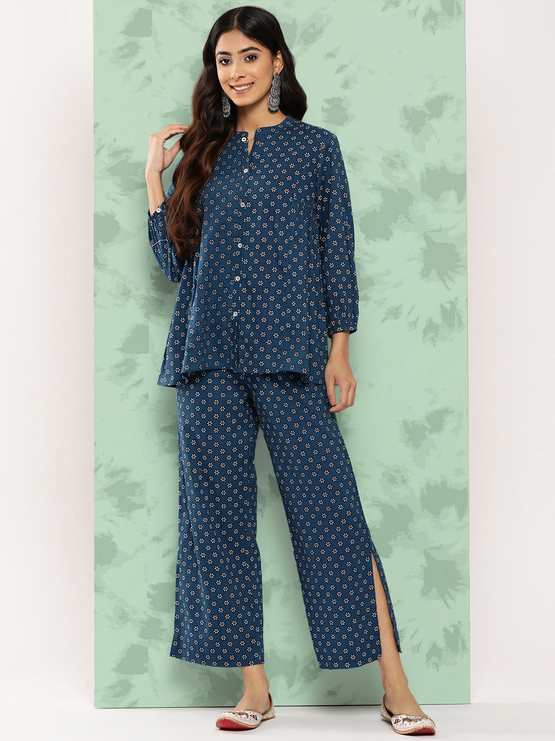 Janasya Women's Blue Cotton Floral Printed Gathered Casual Top Set - Distacart