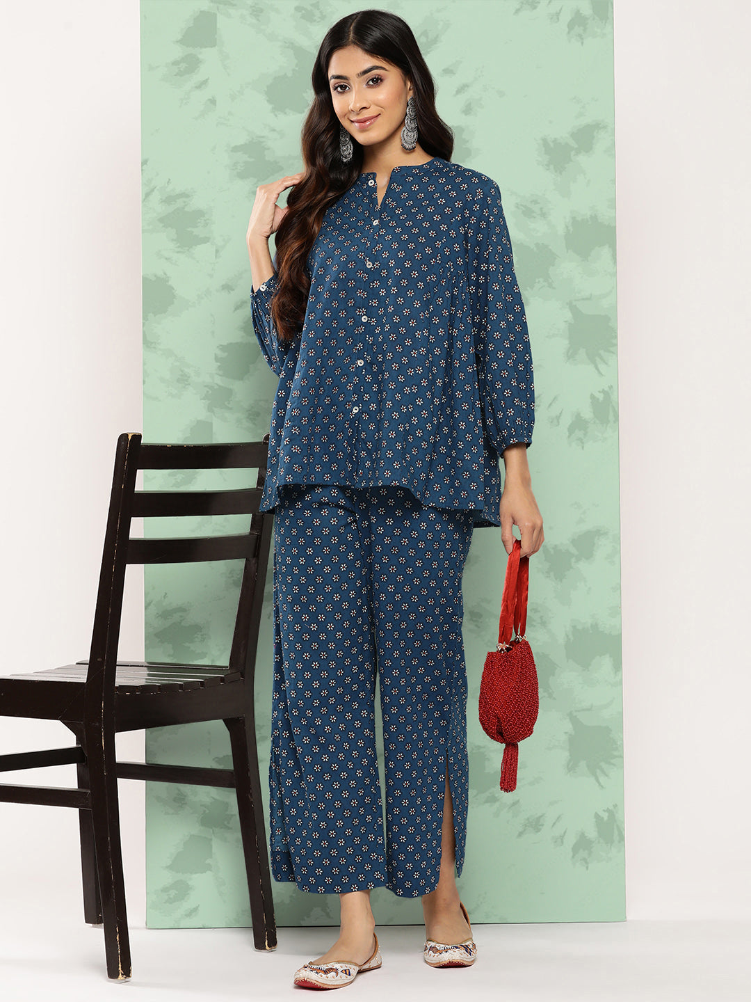 Janasya Women's Blue Cotton Floral Printed Gathered Casual Top Set - Distacart