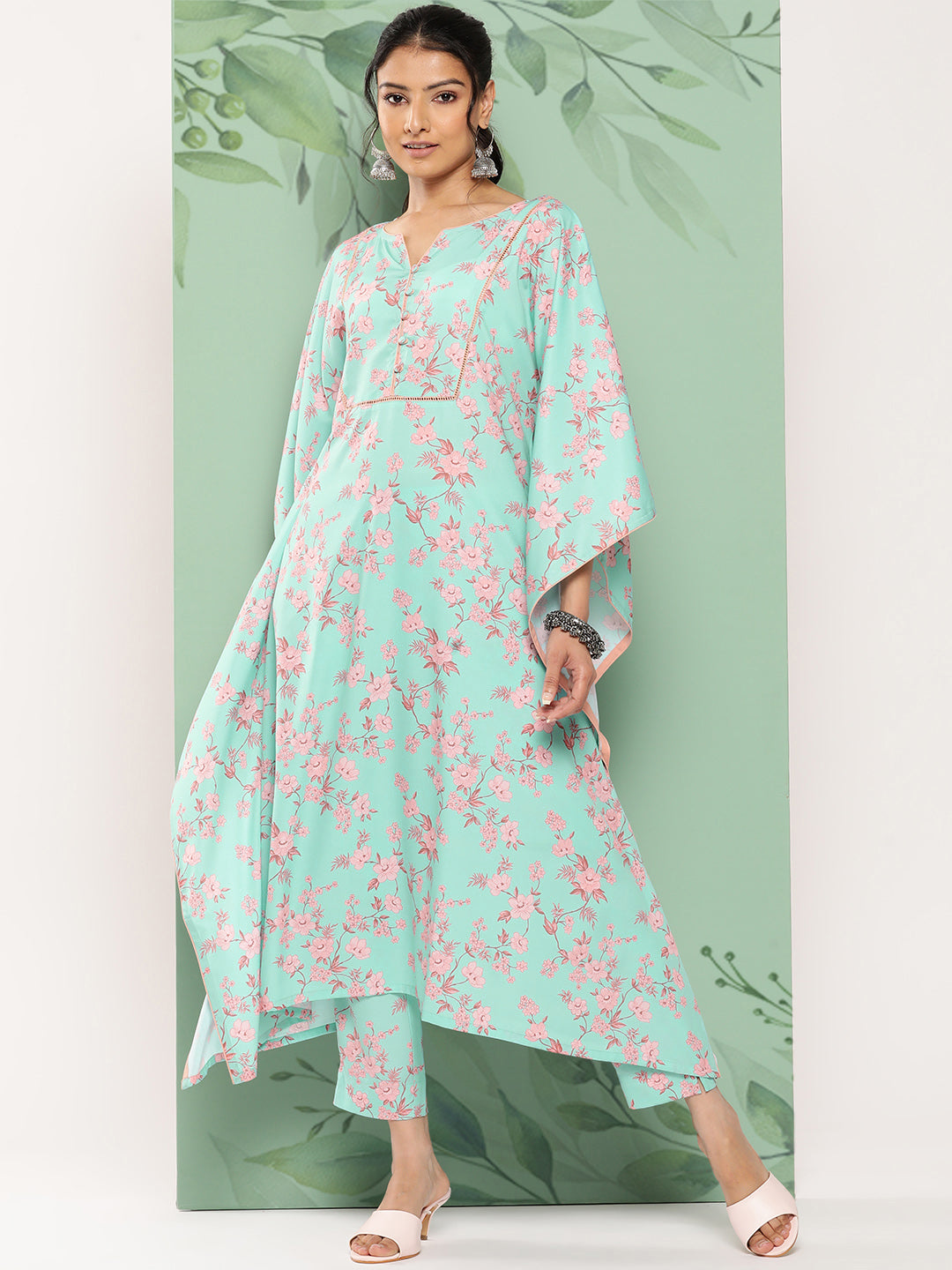 Janasya Women's Sea Green Crepe Digital Printed Kaftan Casual Kaftan Set - Distacart