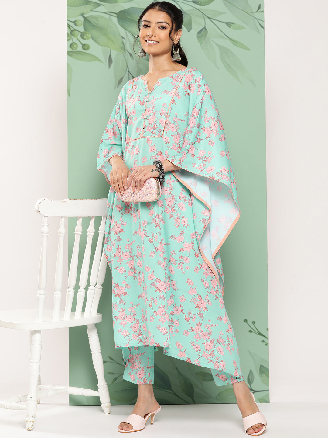 Janasya Women's Sea Green Crepe Digital Printed Kaftan Casual Kaftan Set - Distacart