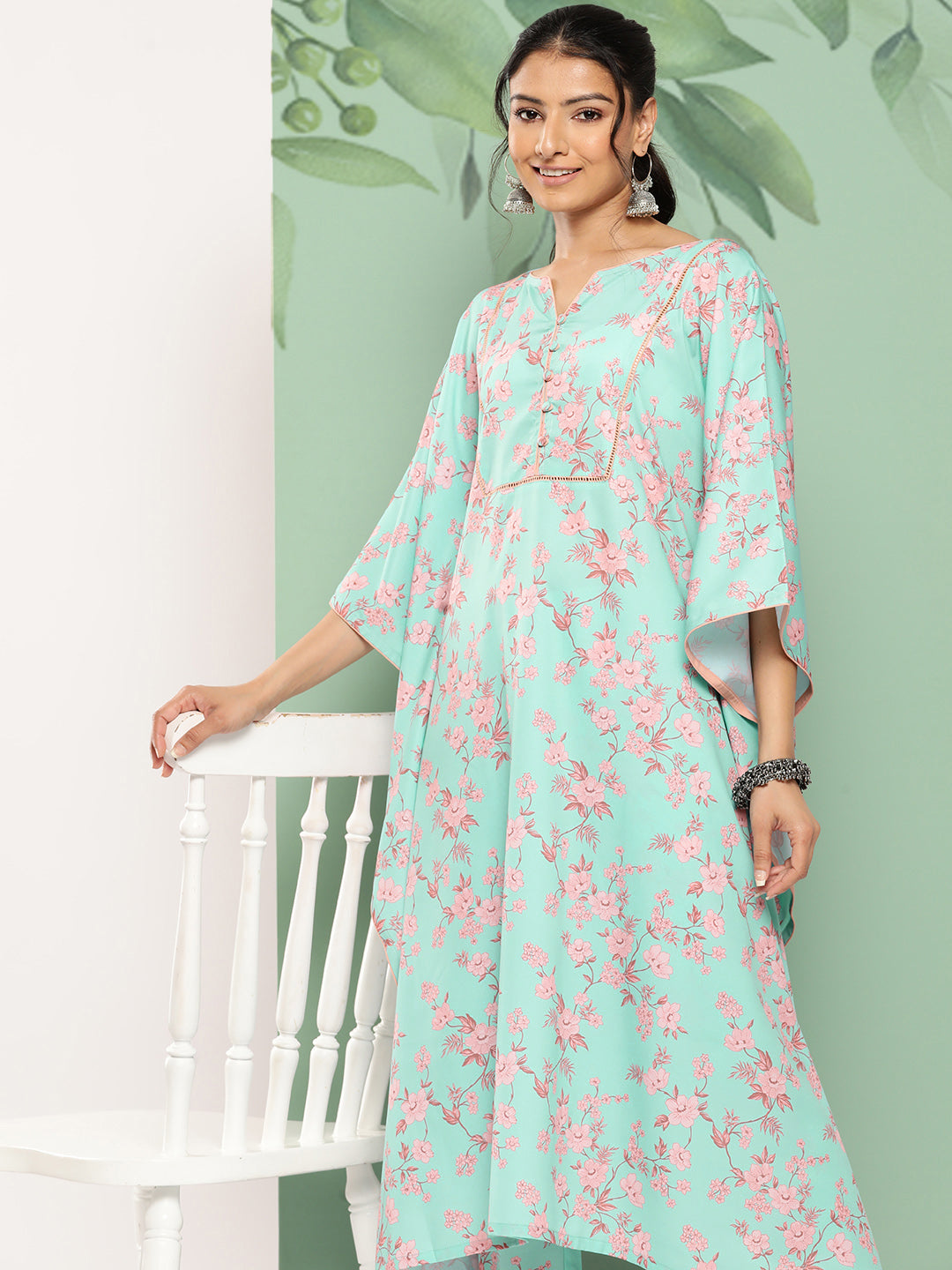 Janasya Women's Sea Green Crepe Digital Printed Kaftan Casual Kaftan Set - Distacart