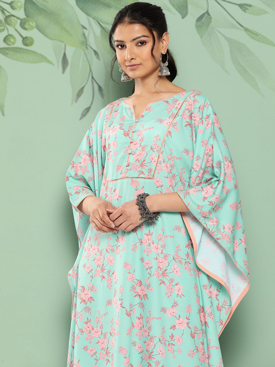 Janasya Women's Sea Green Crepe Digital Printed Kaftan Casual Kaftan Set - Distacart