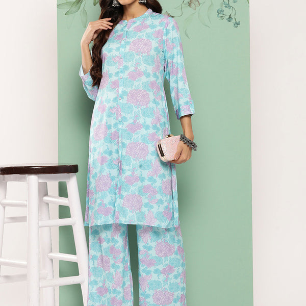 Janasya Women's Sky Blue Crepe Digital Printed Straight Casual Kurta Set - Distacart