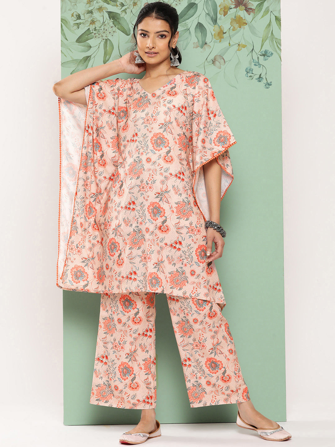 Janasya Women's Peach Crepe Digital Printed Kaftan Casual Kaftan Set - Distacart