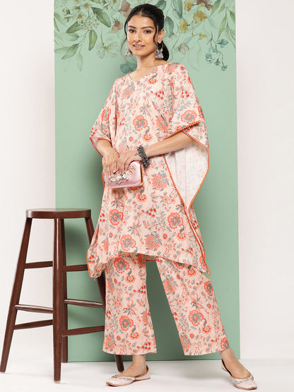 Janasya Women's Peach Crepe Digital Printed Kaftan Casual Kaftan Set - Distacart