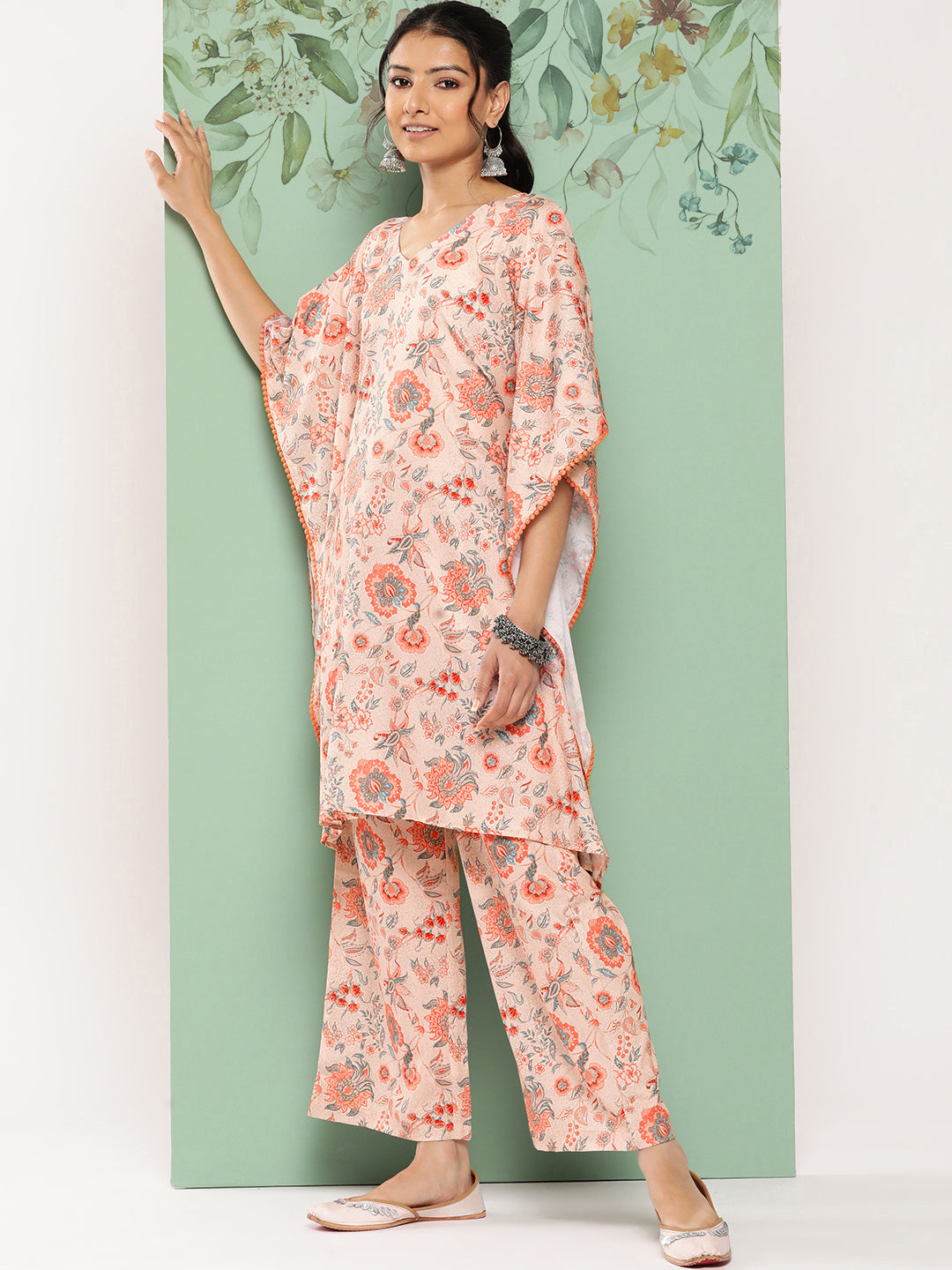 Janasya Women's Peach Crepe Digital Printed Kaftan Casual Kaftan Set - Distacart