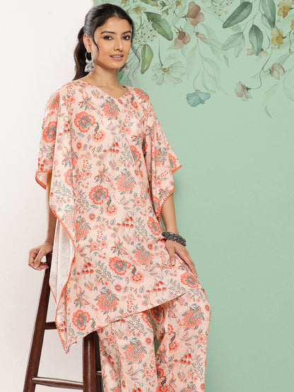 Janasya Women's Peach Crepe Digital Printed Kaftan Casual Kaftan Set - Distacart