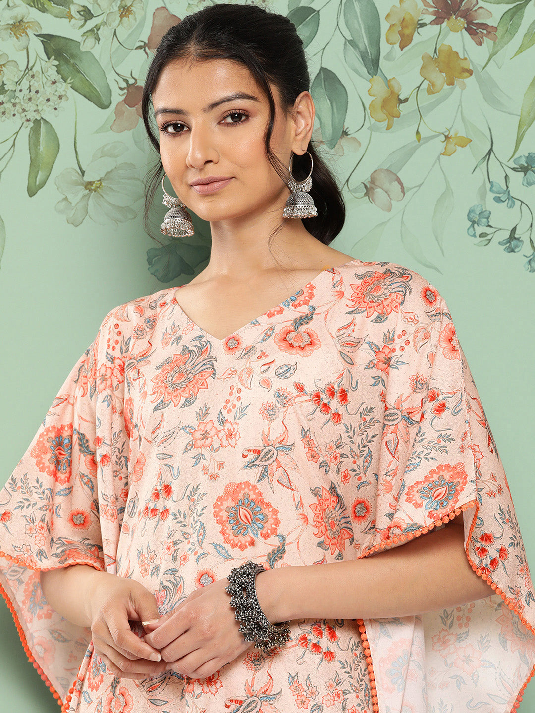 Janasya Women's Peach Crepe Digital Printed Kaftan Casual Kaftan Set - Distacart