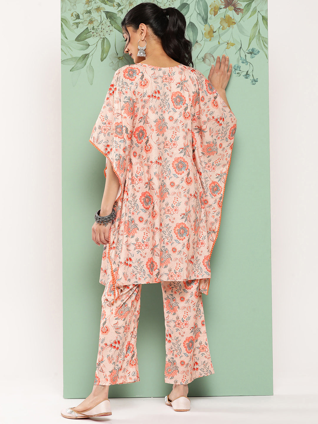 Janasya Women's Peach Crepe Digital Printed Kaftan Casual Kaftan Set - Distacart