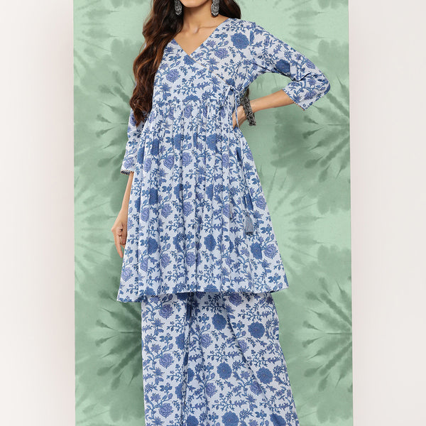Janasya Women's Light Blue Cotton Botanical Printed Flared Party Tunic Set - Distacart