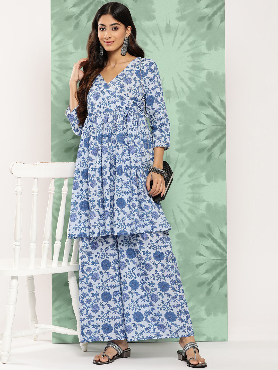 Janasya Women's Light Blue Cotton Botanical Printed Flared Party Tunic Set - Distacart