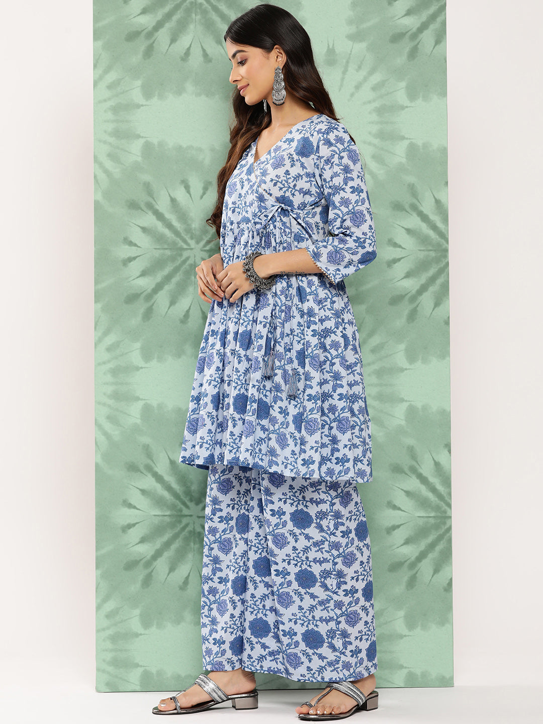 Janasya Women's Light Blue Cotton Botanical Printed Flared Party Tunic Set - Distacart