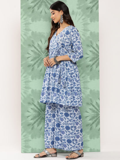 Janasya Women's Light Blue Cotton Botanical Printed Flared Party Tunic Set - Distacart