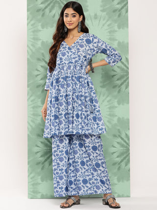 Janasya Women's Light Blue Cotton Botanical Printed Flared Party Tunic Set - Distacart