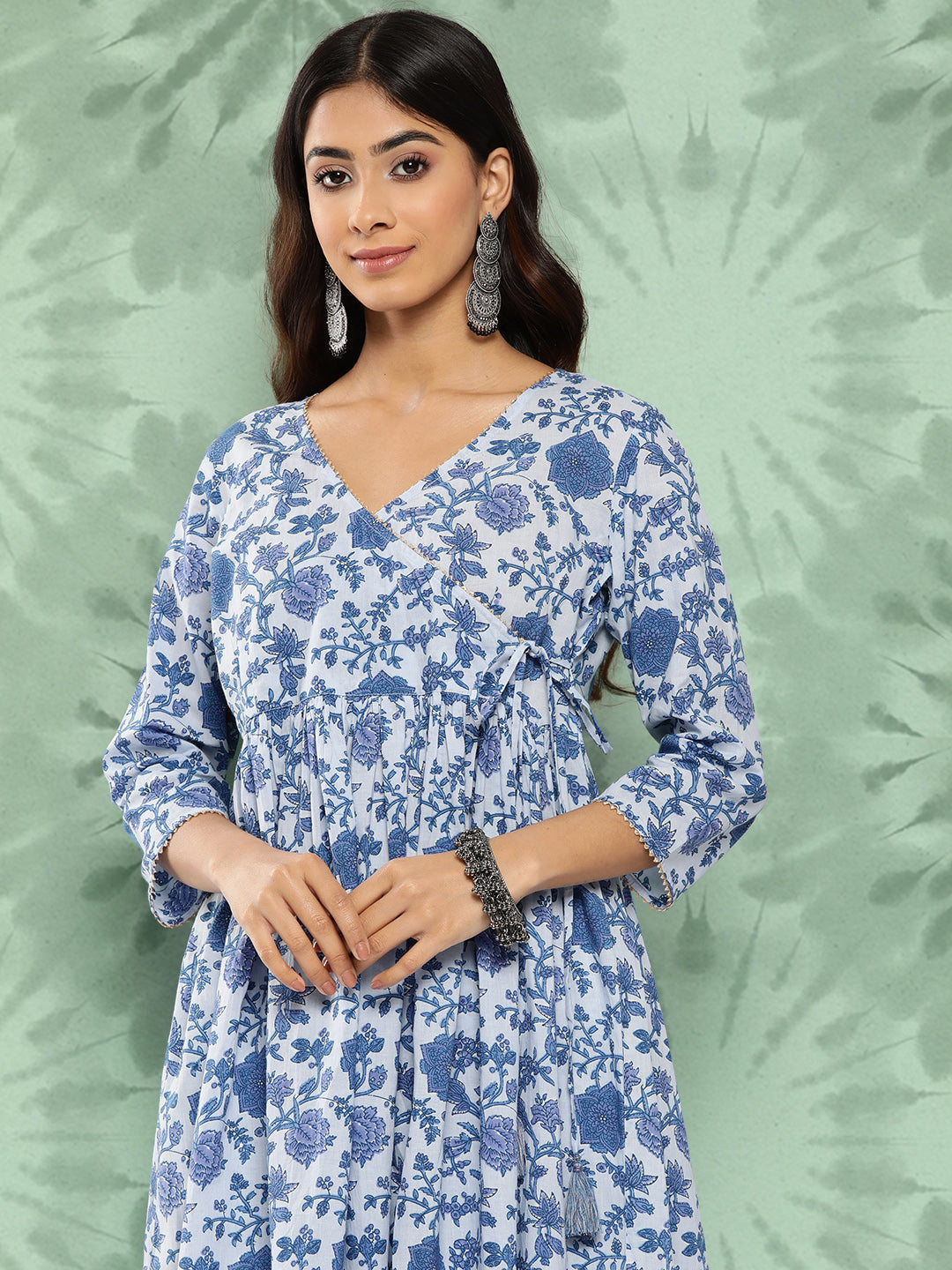 Janasya Women's Light Blue Cotton Botanical Printed Flared Party Tunic Set - Distacart