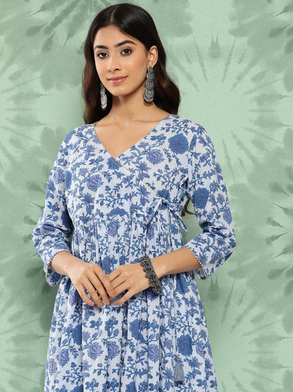 Janasya Women's Light Blue Cotton Botanical Printed Flared Party Tunic Set - Distacart