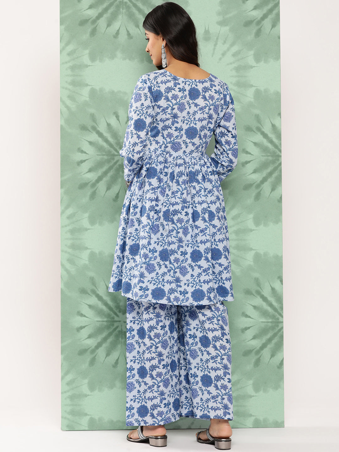 Janasya Women's Light Blue Cotton Botanical Printed Flared Party Tunic Set - Distacart