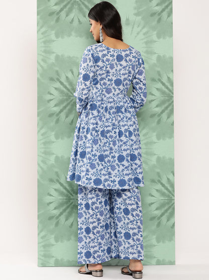 Janasya Women's Light Blue Cotton Botanical Printed Flared Party Tunic Set - Distacart