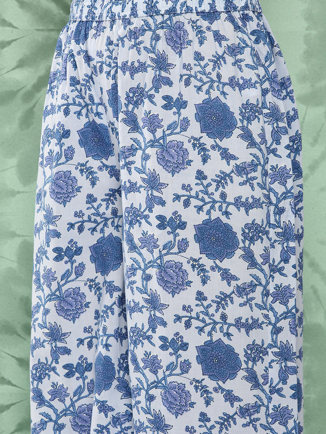 Janasya Women's Light Blue Cotton Botanical Printed Flared Party Tunic Set - Distacart