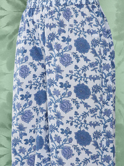 Janasya Women's Light Blue Cotton Botanical Printed Flared Party Tunic Set - Distacart