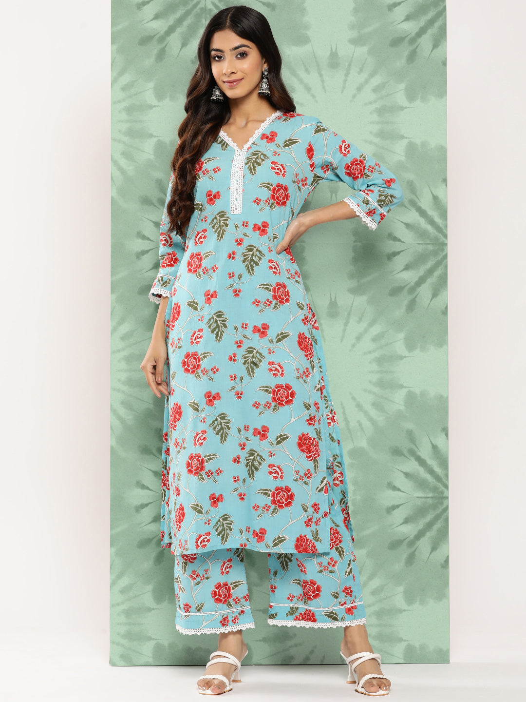 Janasya Women's Sky Blue Cotton Floral Printed Straight Casual Kurta Set - Distacart