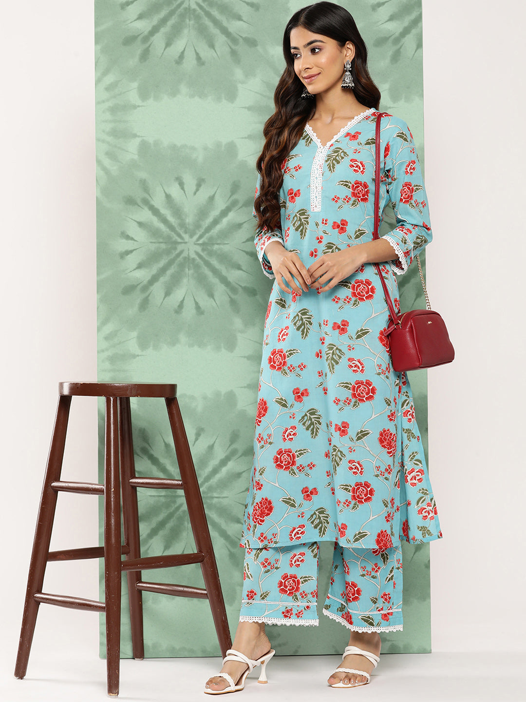 Janasya Women's Sky Blue Cotton Floral Printed Straight Casual Kurta Set - Distacart