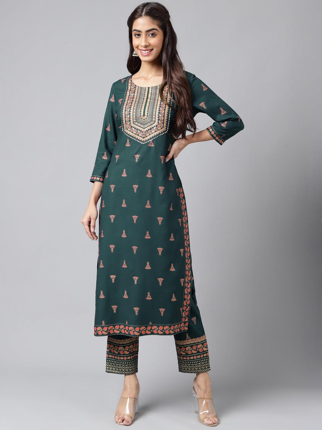 Janasya Women's Teal Green Rayon Foil Printed Straight Casual Kurta Set - Distacart