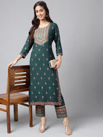 Thumbnail for Janasya Women's Teal Green Rayon Foil Printed Straight Casual Kurta Set - Distacart