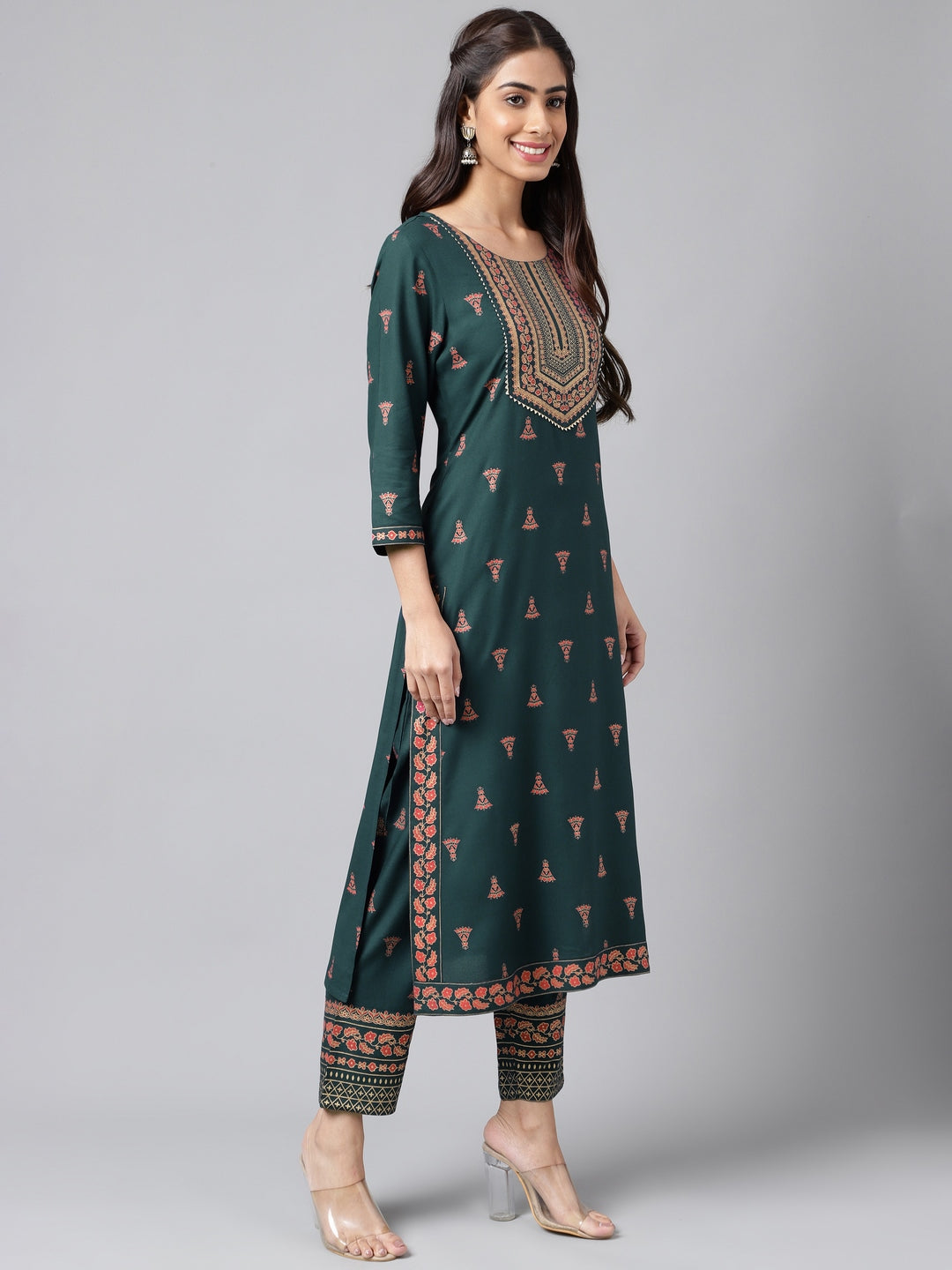 Janasya Women's Teal Green Rayon Foil Printed Straight Casual Kurta Set - Distacart