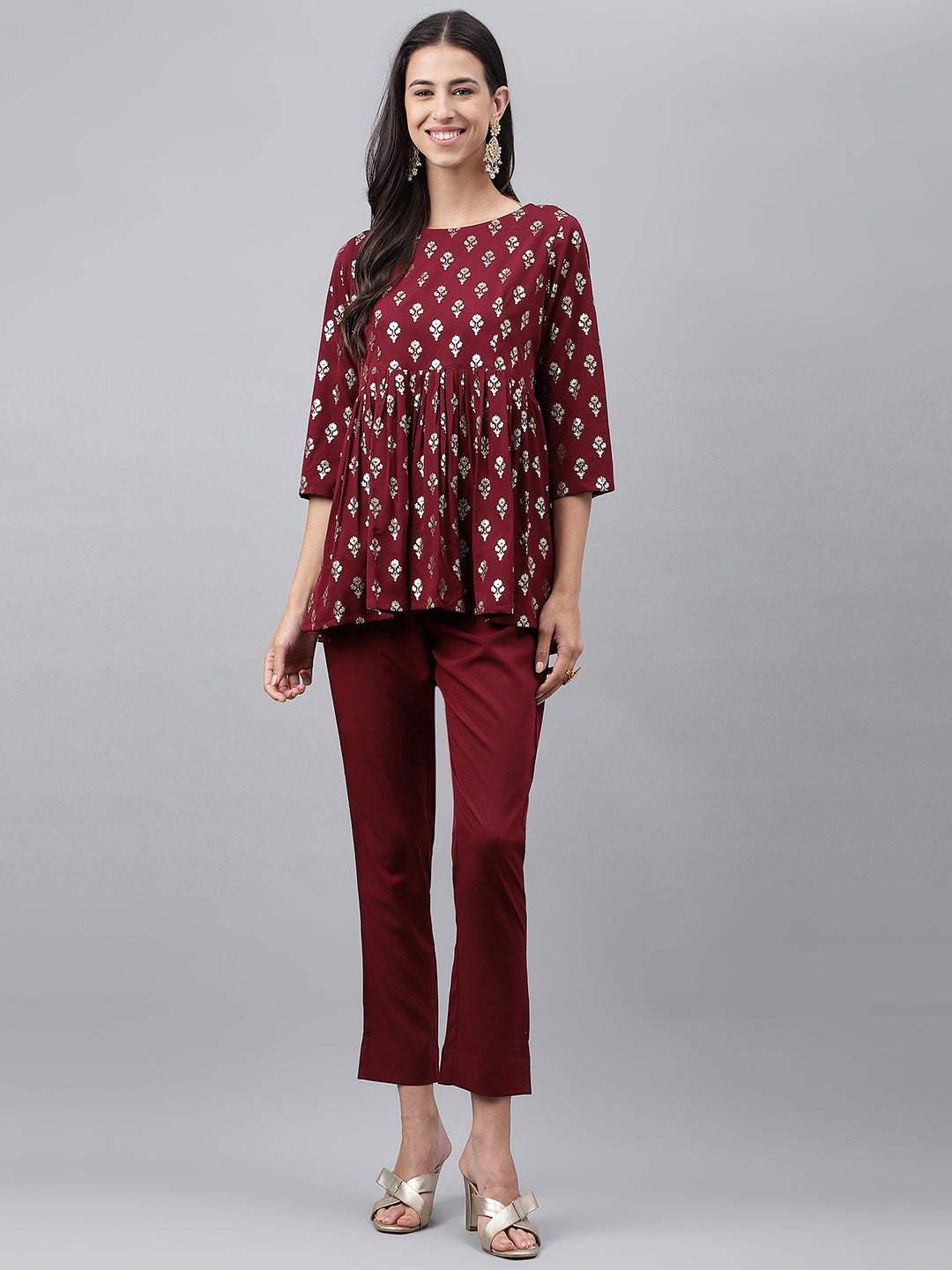 Janasya Women's Wine Crepe Foil Printed Flared Festive Top Set - Distacart
