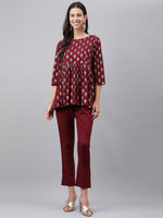 Thumbnail for Janasya Women's Wine Crepe Foil Printed Flared Festive Top Set - Distacart