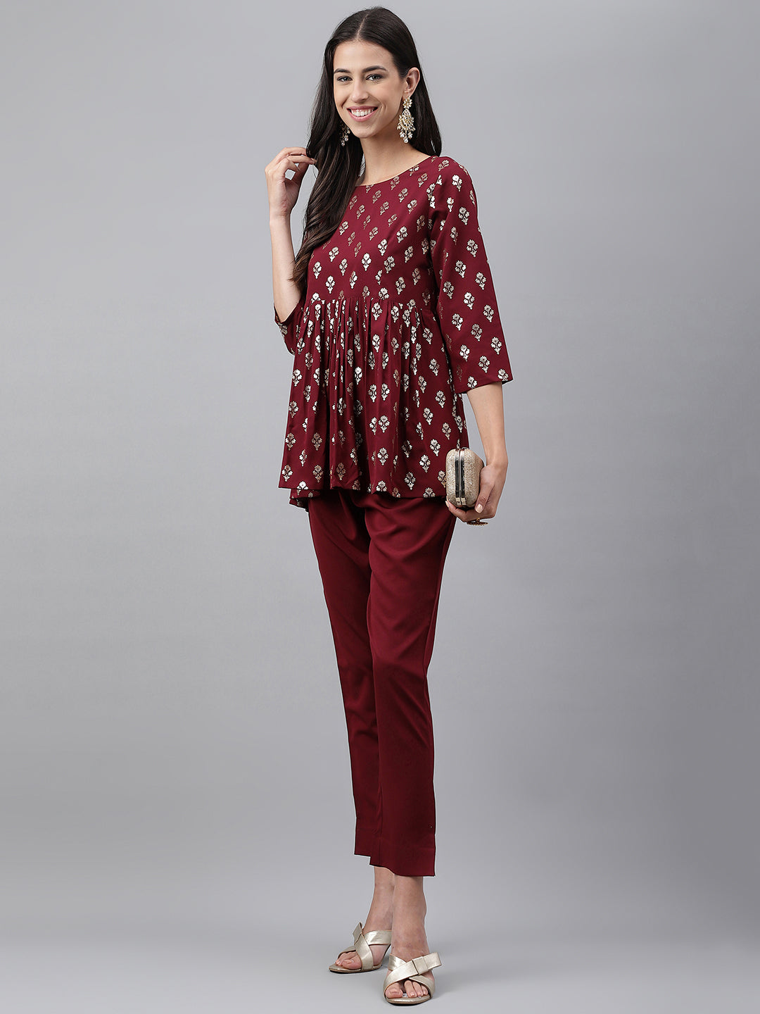 Janasya Women's Wine Crepe Foil Printed Flared Festive Top Set - Distacart