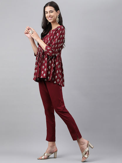 Janasya Women's Wine Crepe Foil Printed Flared Festive Top Set - Distacart