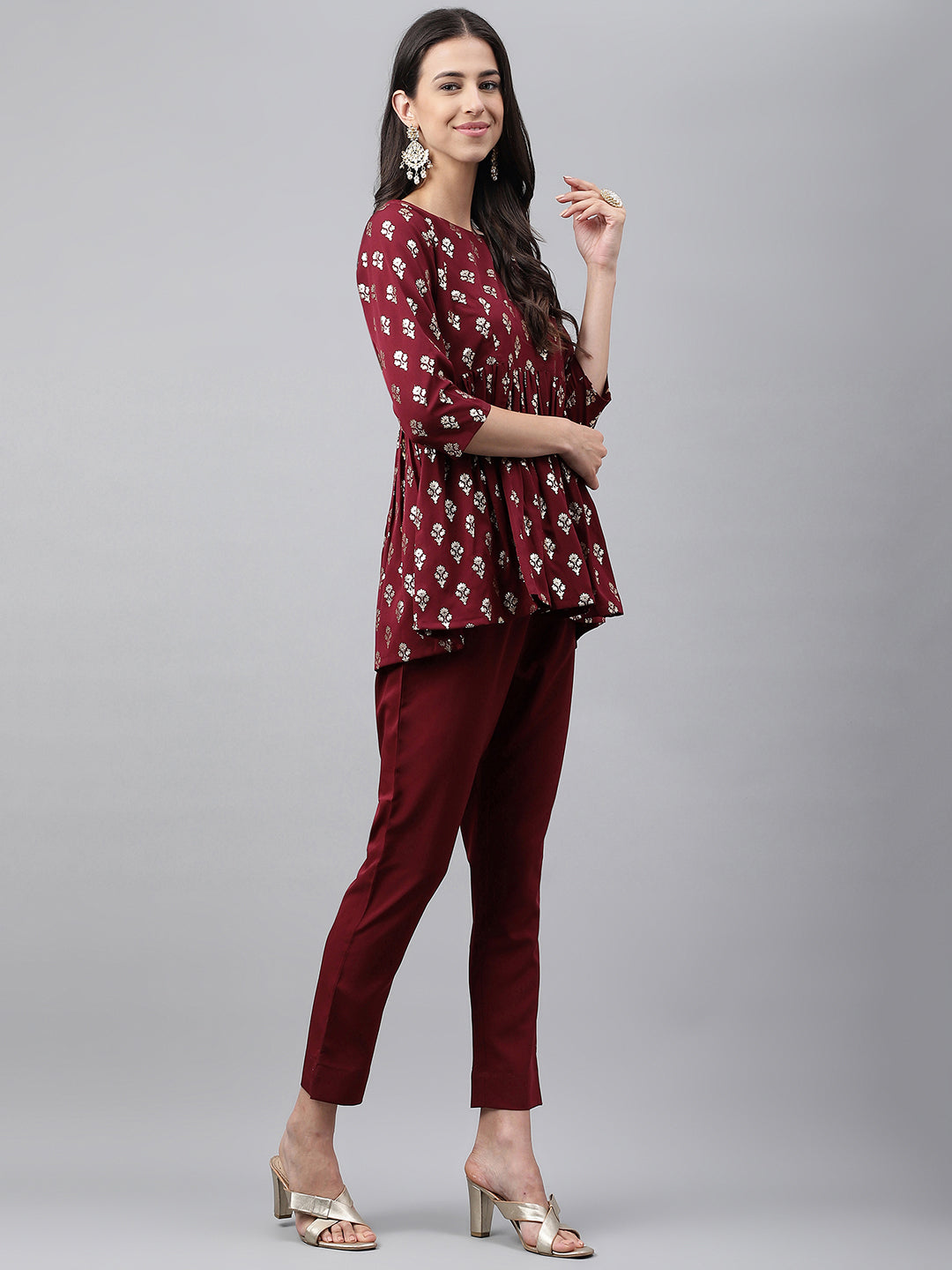 Janasya Women's Wine Crepe Foil Printed Flared Festive Top Set - Distacart