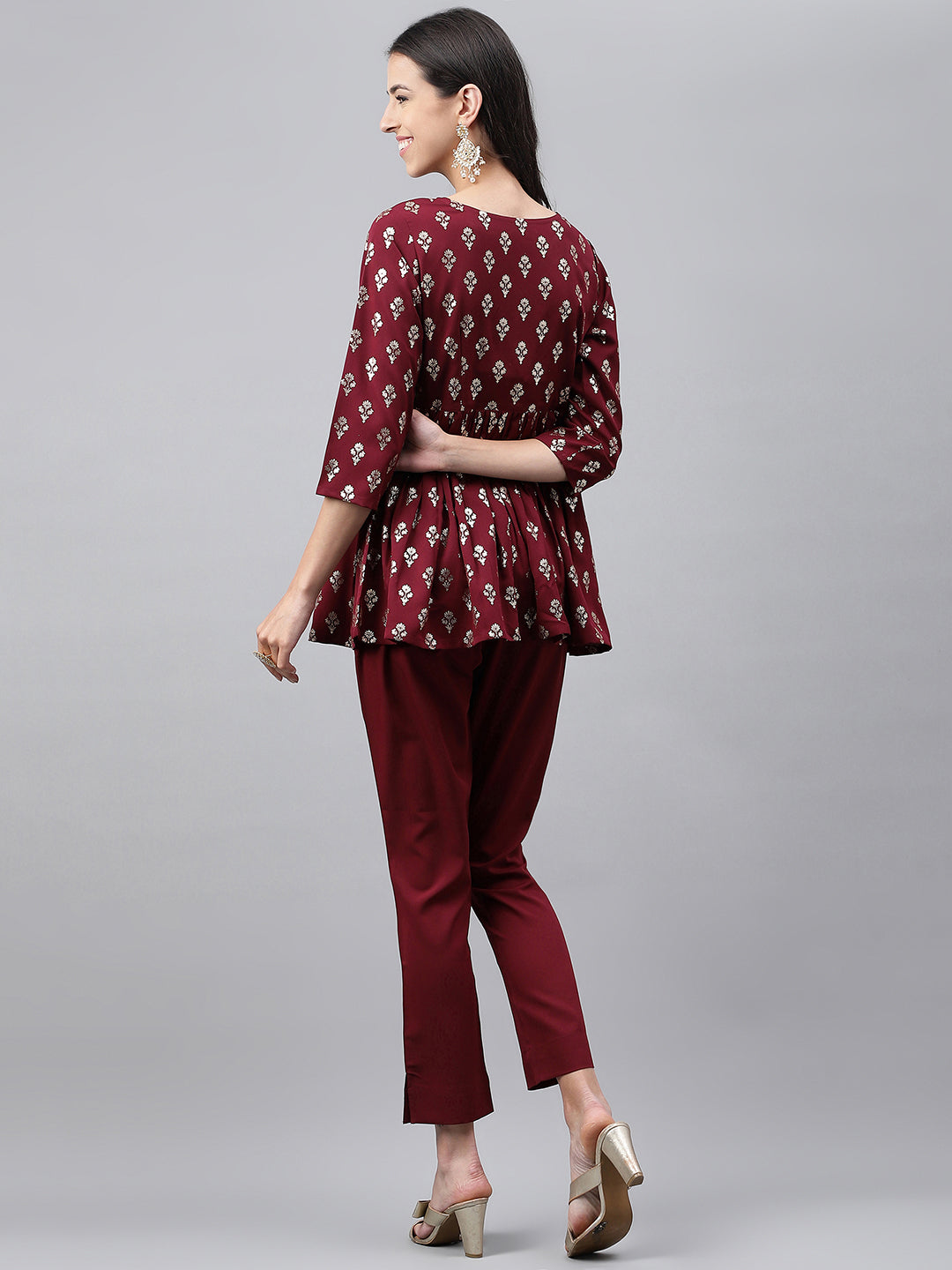 Janasya Women's Wine Crepe Foil Printed Flared Festive Top Set - Distacart