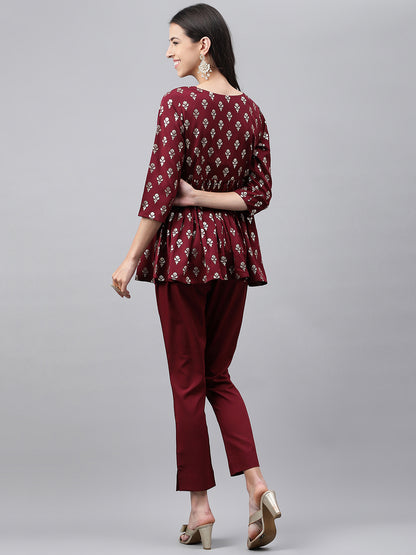 Janasya Women's Wine Crepe Foil Printed Flared Festive Top Set - Distacart