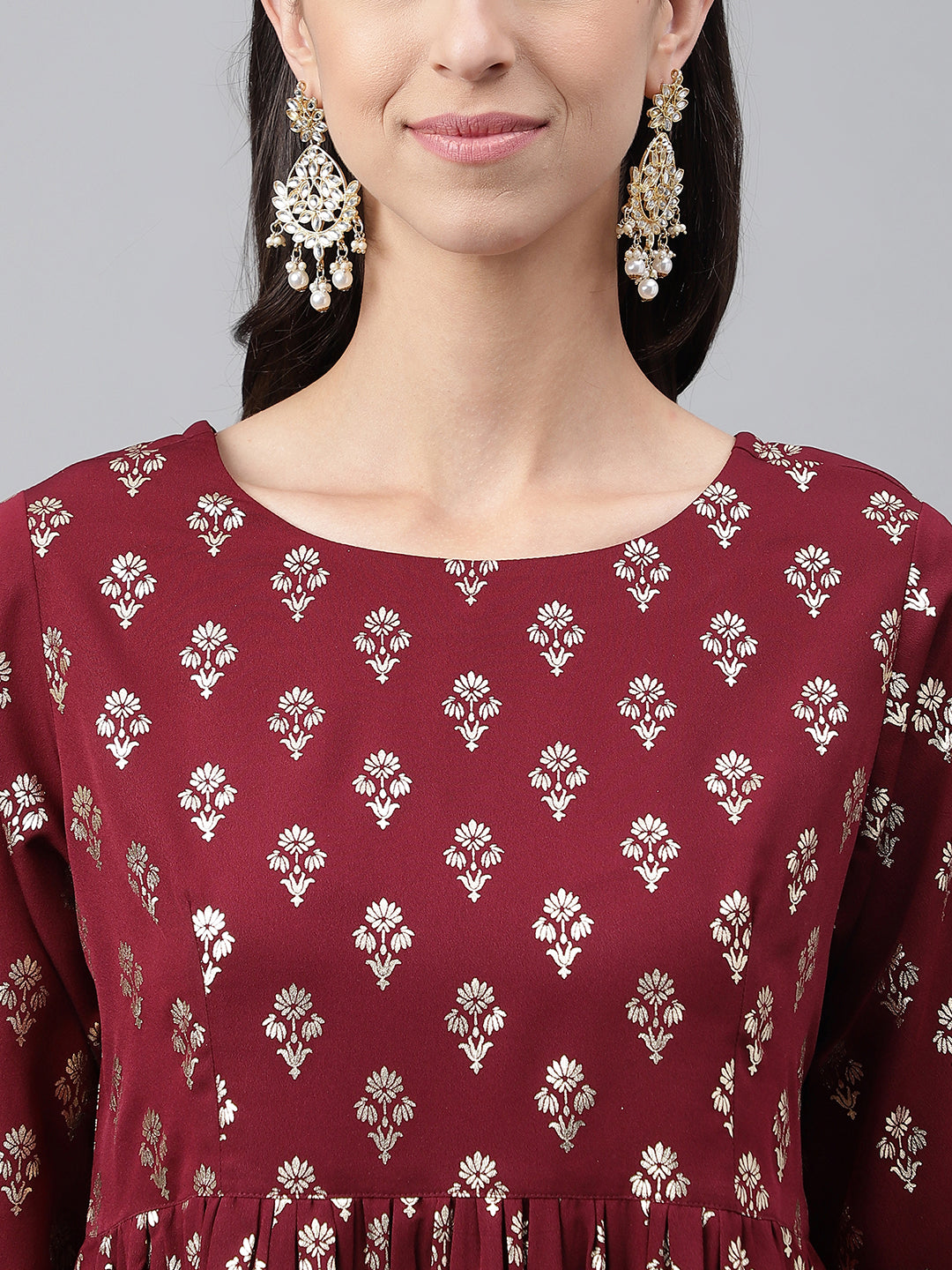 Janasya Women's Wine Crepe Foil Printed Flared Festive Top Set - Distacart