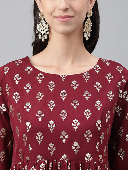 Janasya Women's Wine Crepe Foil Printed Flared Festive Top Set - Distacart