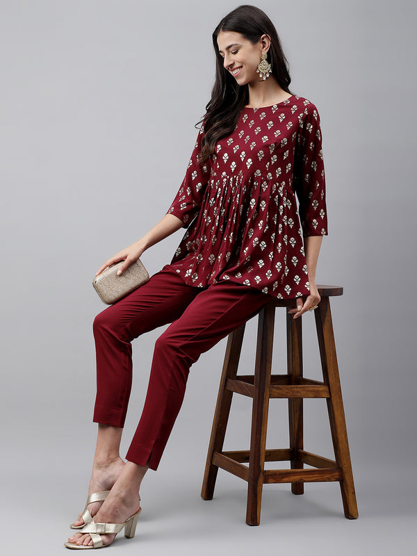 Janasya Women's Wine Crepe Foil Printed Flared Festive Top Set - Distacart