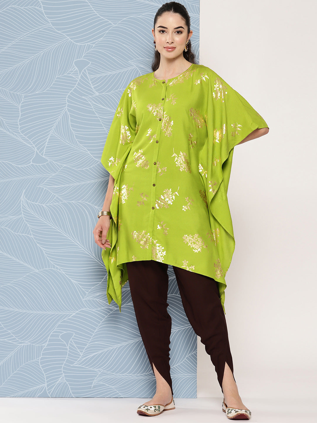 Janasya Women's Lime Green Rayon Foil Printed Kaftan Festive Kurta Set - Distacart