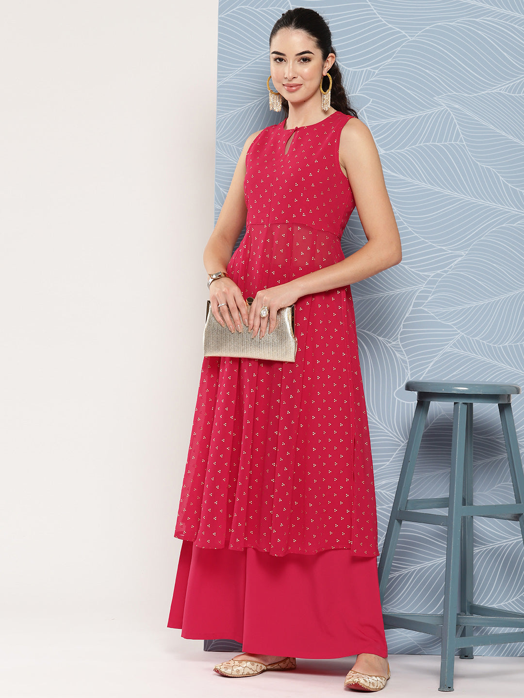 Janasya Women's Pink Georgette Foil Printed Panelled Festive Kurta Set - Distacart