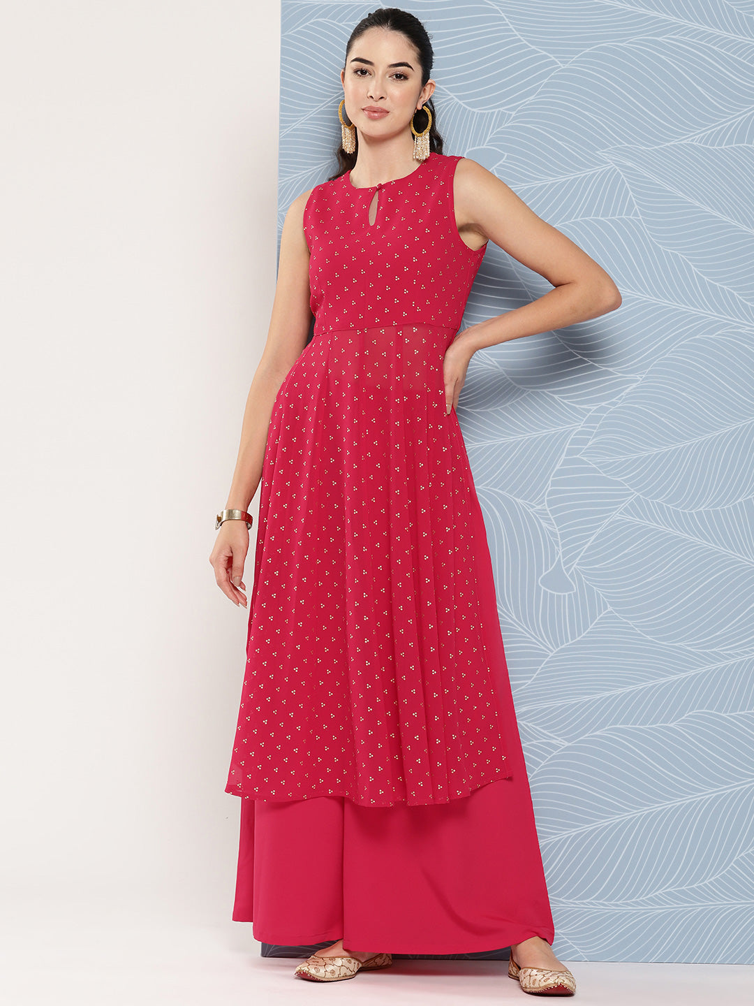 Janasya Women's Pink Georgette Foil Printed Panelled Festive Kurta Set - Distacart