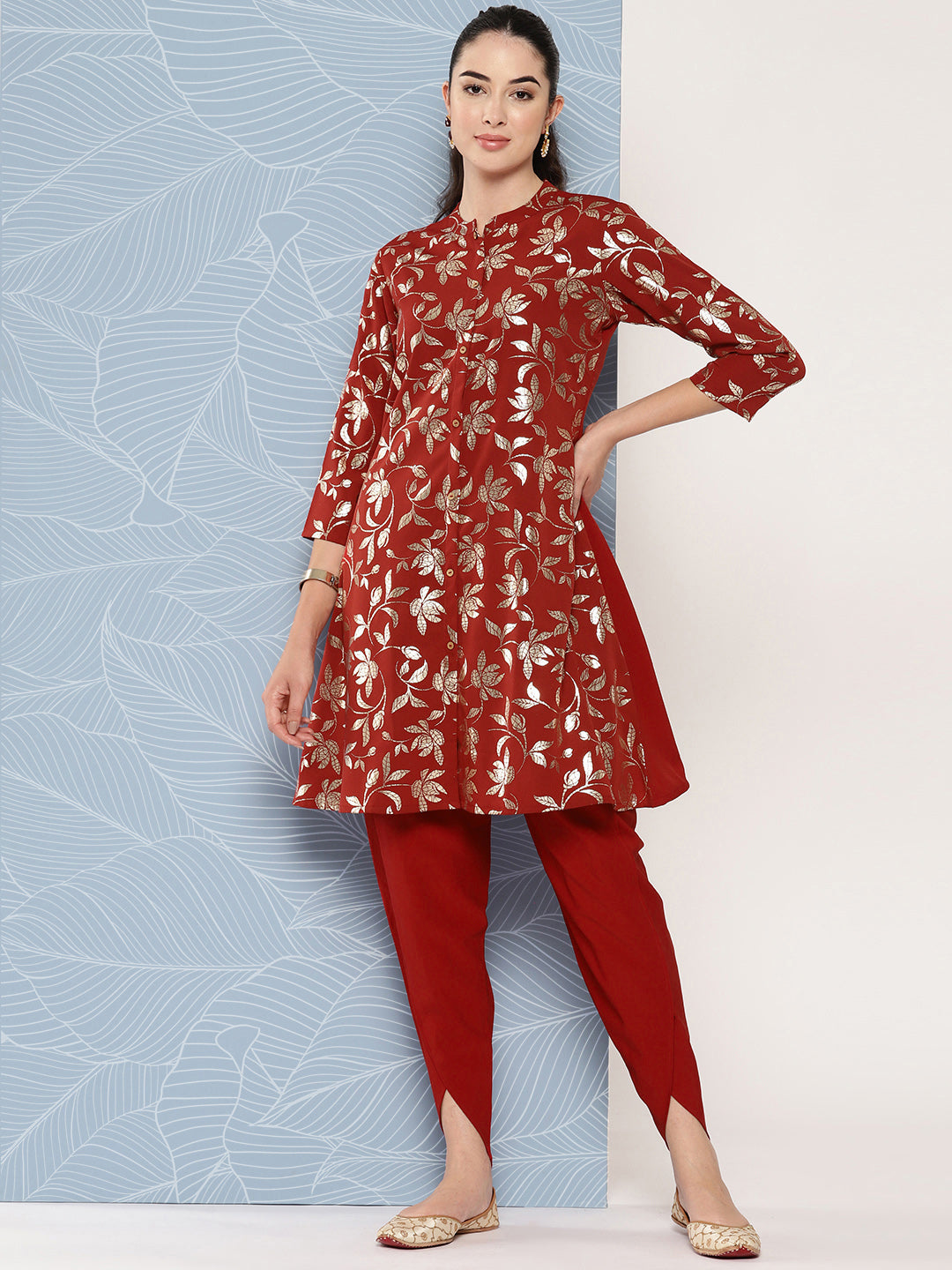 Janasya Women's Brick Red Crepe Foil Printed A-line Festive Tunic Set - Distacart